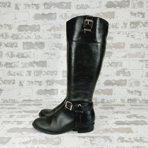 INC International Concepts Fedee Leather Buckle Knee High Black Boots W262 - Picture 1 of 10